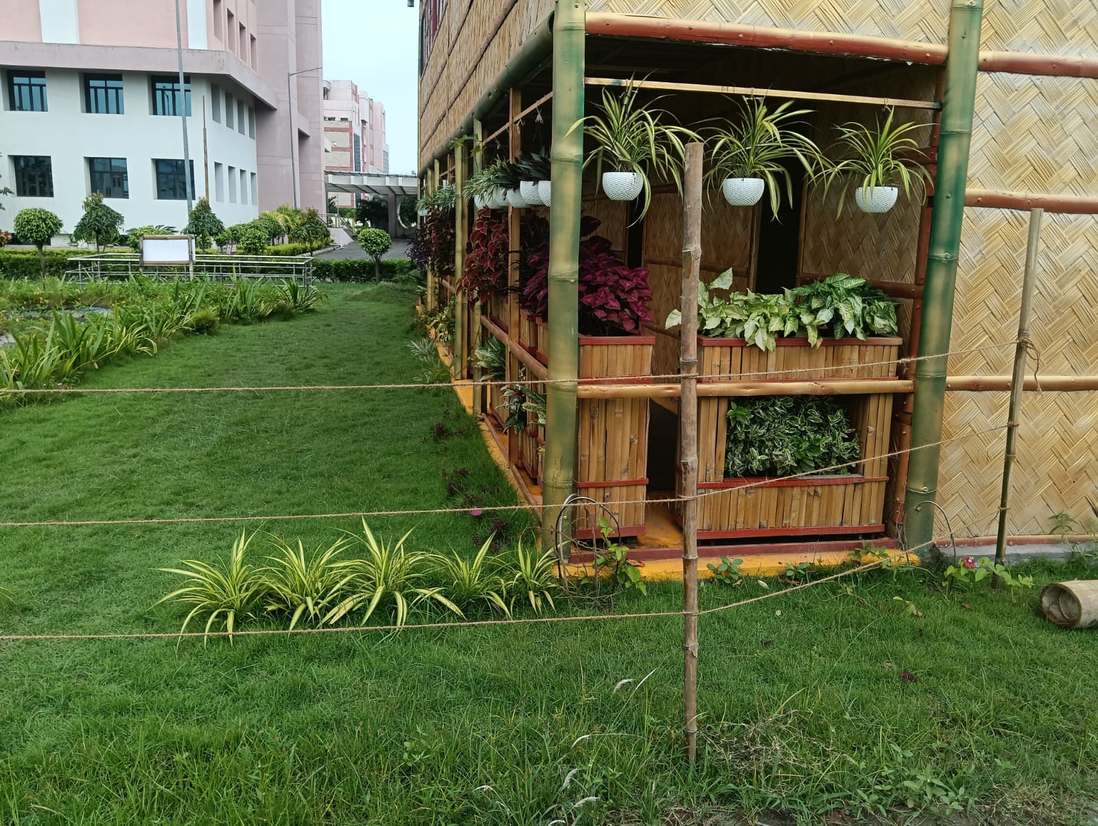 Corner view of the integrated planter system — tiered bamboo boxes and hanging white planters running along the facade